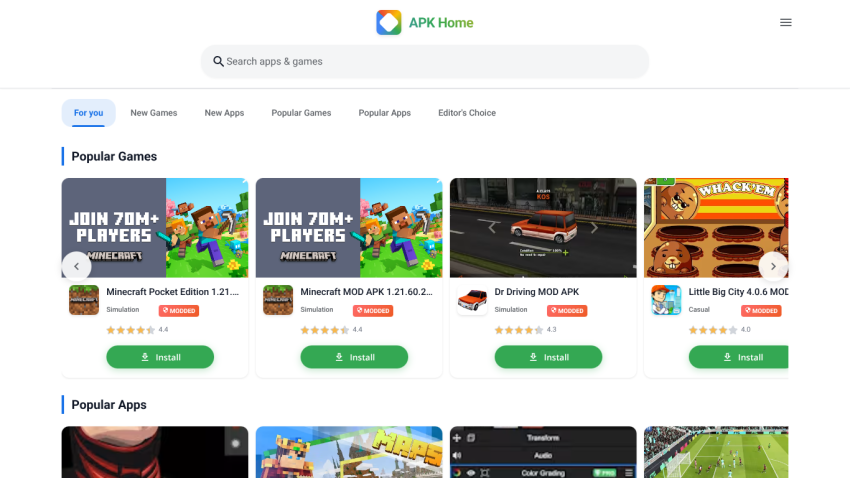 APK Home website showing search bar, navigation tabs, and popular games and apps with install buttons