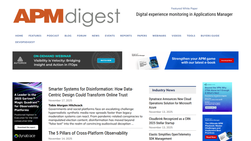 APM Digest homepage with navigation links, featured articles on observability and disinformation, and webinar promotions