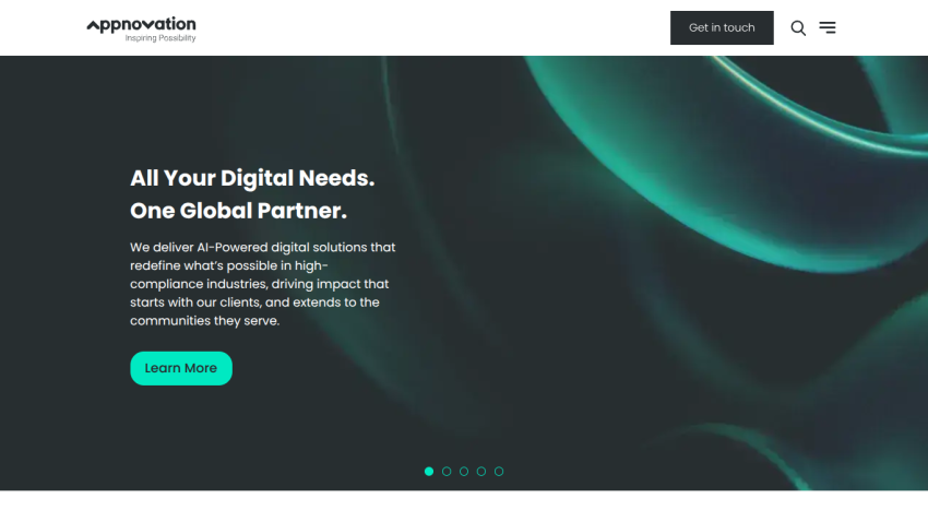 Appnovation homepage with headline about AI-powered digital solutions and a Learn More button.