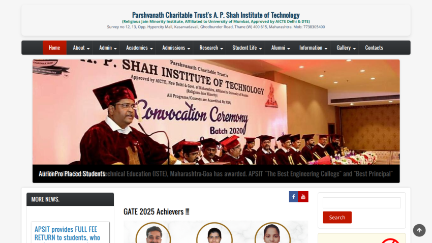 Parshvanath Charitable Trust's A. P. Shah Institute of Technology homepage with navigation menu and convocation ceremony hero image.