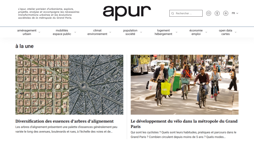 Apur website homepage with urban planning articles on tree species diversification and bike development in Grand Paris