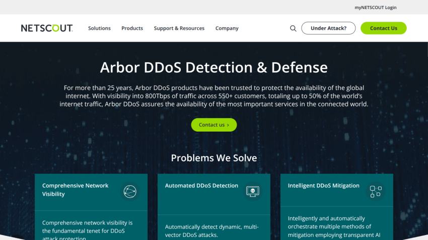 NETSCOUT Arbor DDoS Detection & Defense with overview and problems solved including network visibility, automated detection, and mitigation