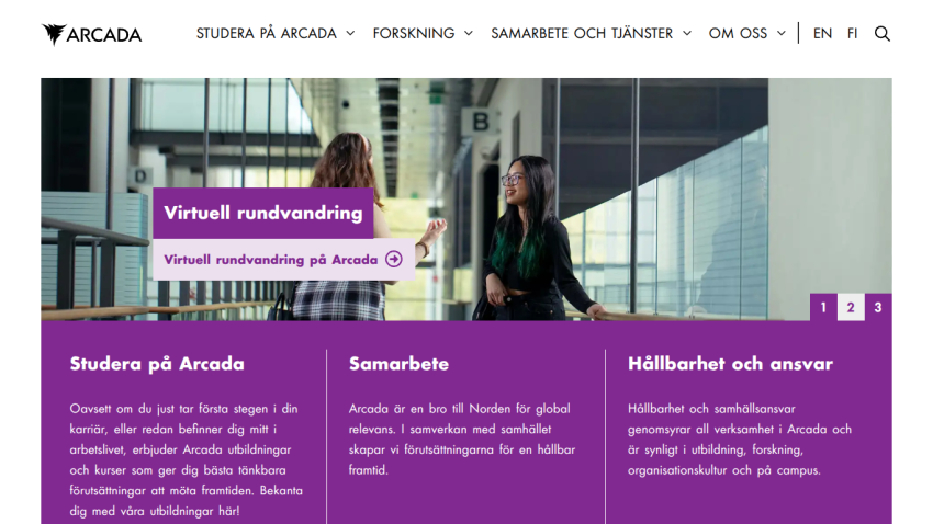 Arcada website with navigation menu and hero section featuring virtual tour and information on studying, collaboration, and sustainability