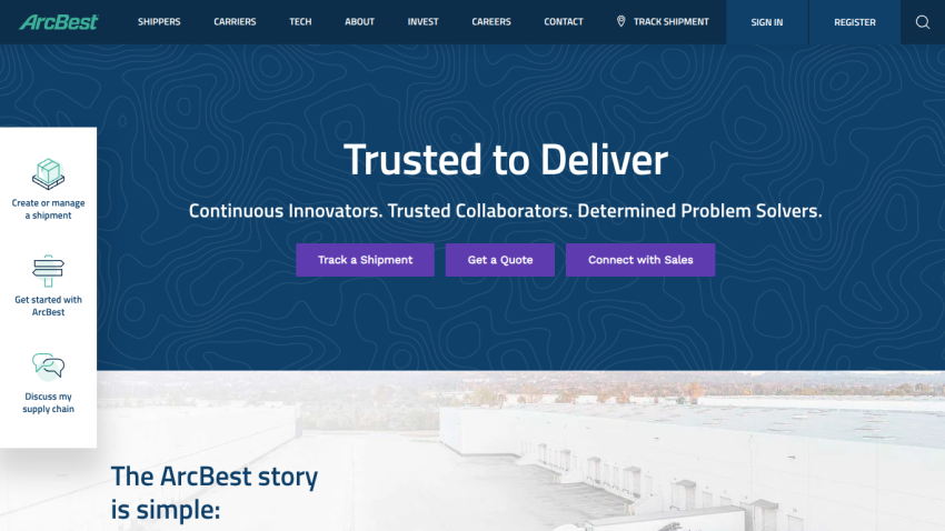 ArcBest homepage featuring 'Trusted to Deliver' headline and call-to-action buttons.