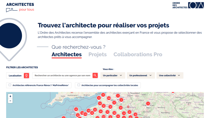 Find architects in France with filters and map to select professionals for your projects