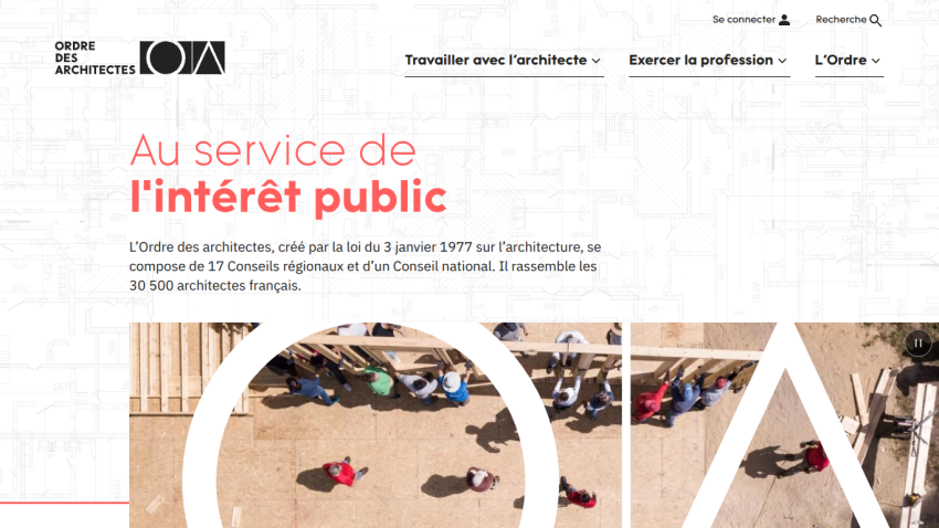Homepage of the Ordre des Architectes with a focus on public interest and architectural services.