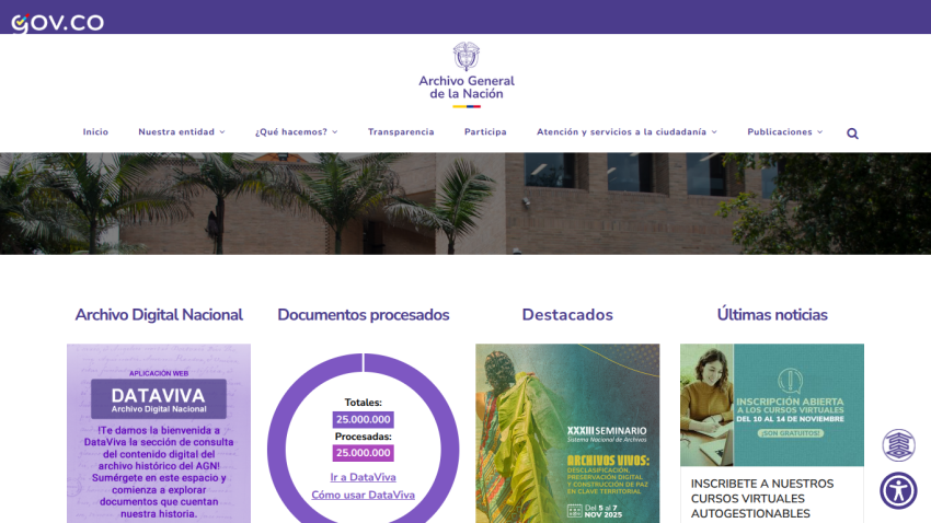 Archivo General de la Nación website with navigation menu, digital archive info, processed documents stats, featured seminar, and virtual course registration