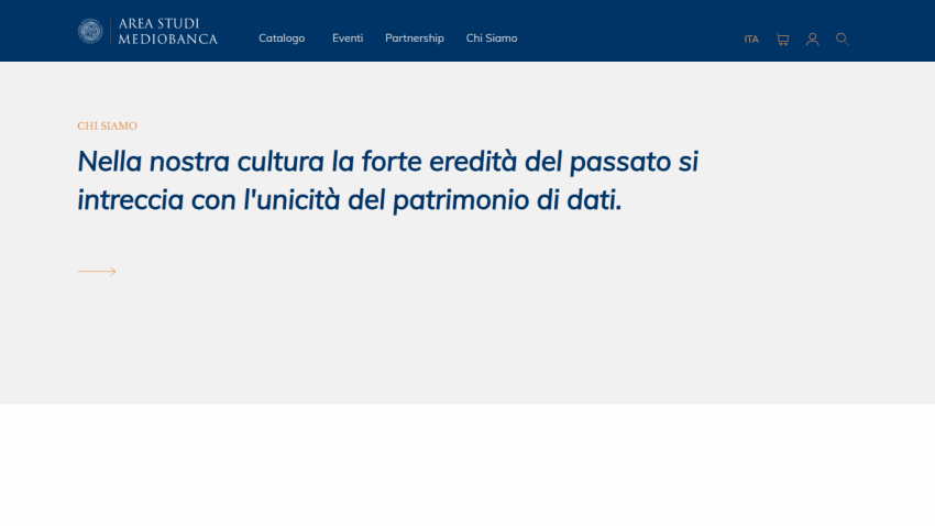 Website header with navigation and a hero section stating the strong heritage of the past intertwined with unique data heritage in Italian.