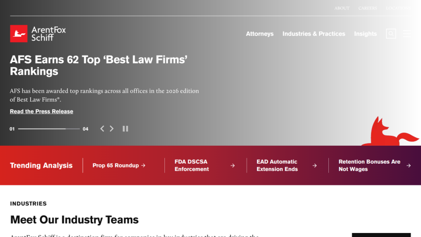 ArentFox Schiff law firm homepage highlighting top 'Best Law Firms' rankings and industry team information