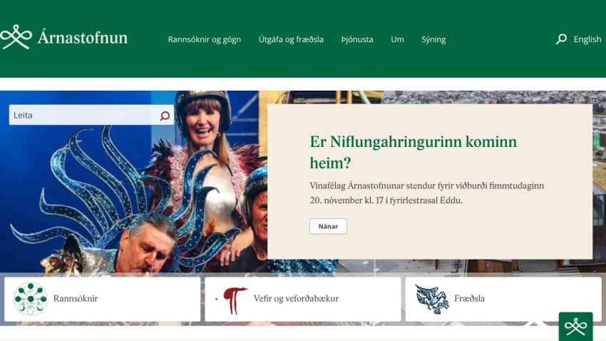 Árnastofnun website with navigation menu, search bar, and event announcement about Niflungahringurinn on November 20