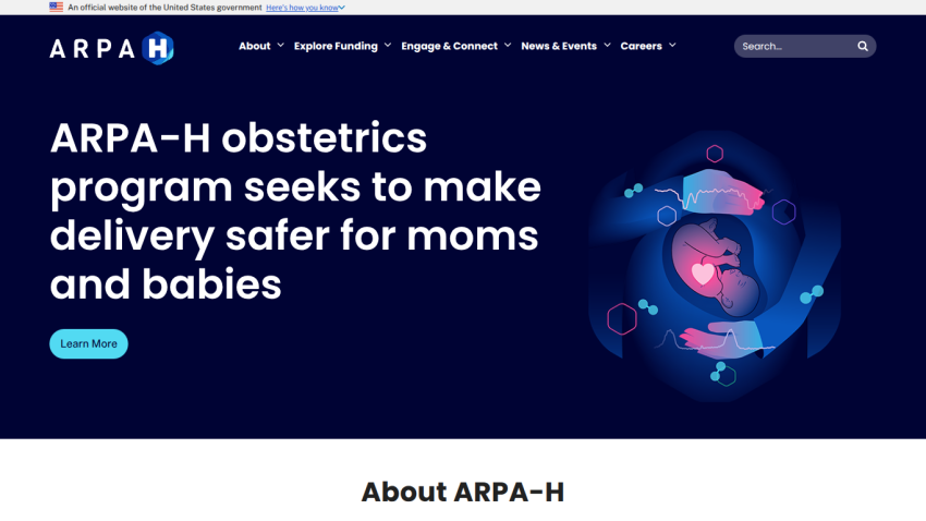 ARPA-H website promoting safer delivery for moms and babies with navigation and search