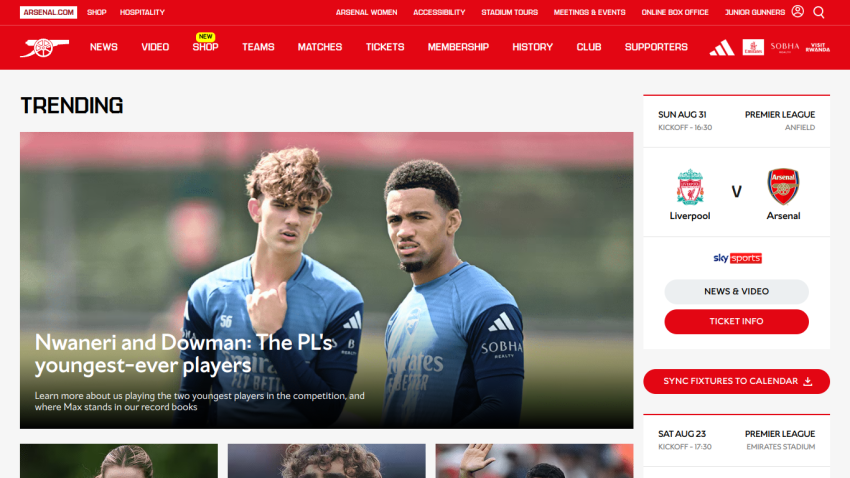 Trending section featuring players Nwaneri and Dowman with article headline about youngest-ever players.