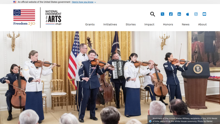 Musicians performing in a formal setting with the U.S. flag and presidential seal in view.