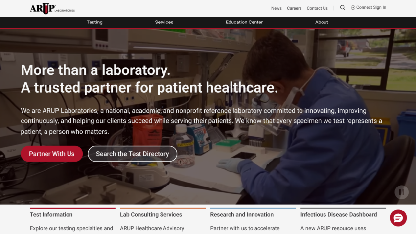 Homepage of ARUP Laboratories highlighting patient healthcare services.