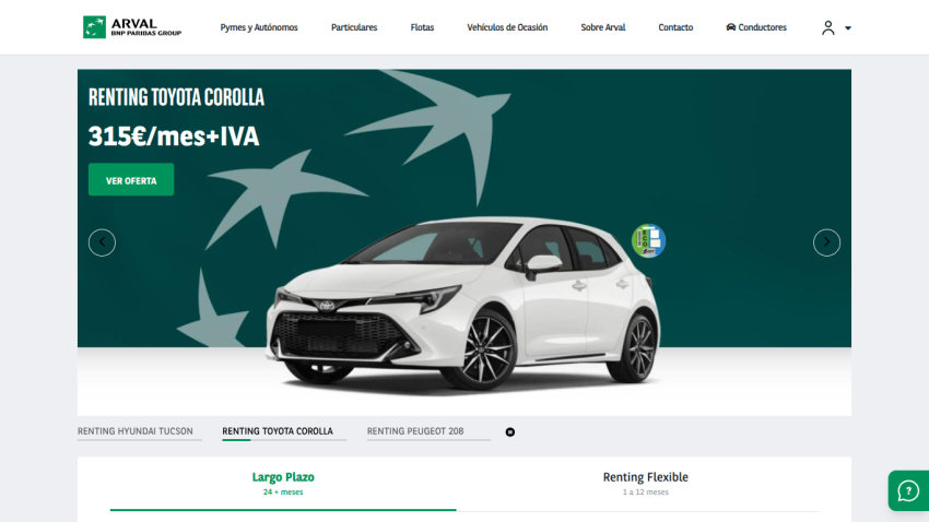 Car rental offer for Toyota Corolla at 315€/month plus VAT with navigation menu and rental options