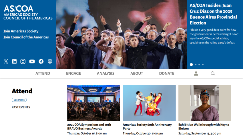 Homepage of ASCOA featuring events and analysis with images and text.