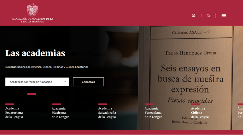 Homepage of Asociación de Academias de la Lengua Española featuring 'Las academias' with a book cover and navigation options