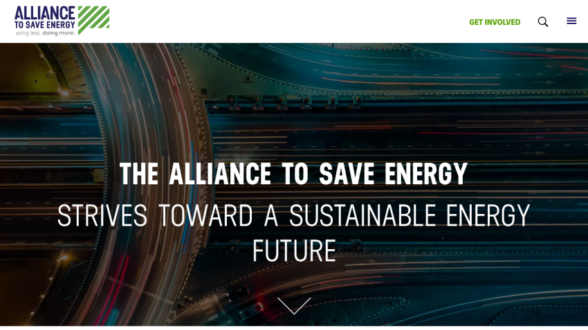 Alliance to Save Energy website with headline about striving toward a sustainable energy future