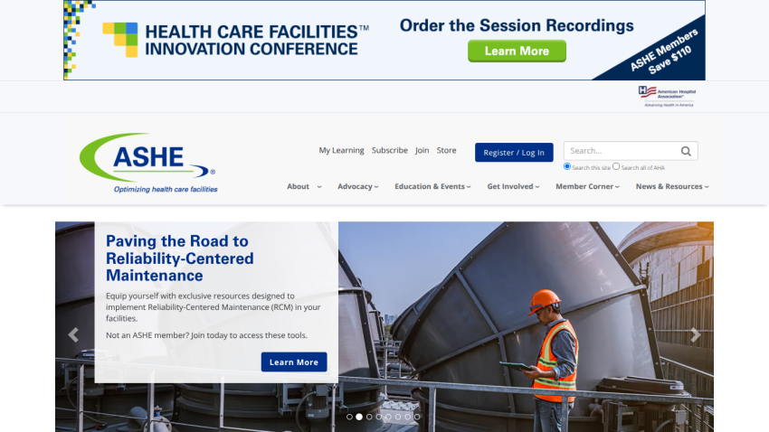 ASHE website homepage promoting resources for Reliability-Centered Maintenance in health care facilities with navigation and search.