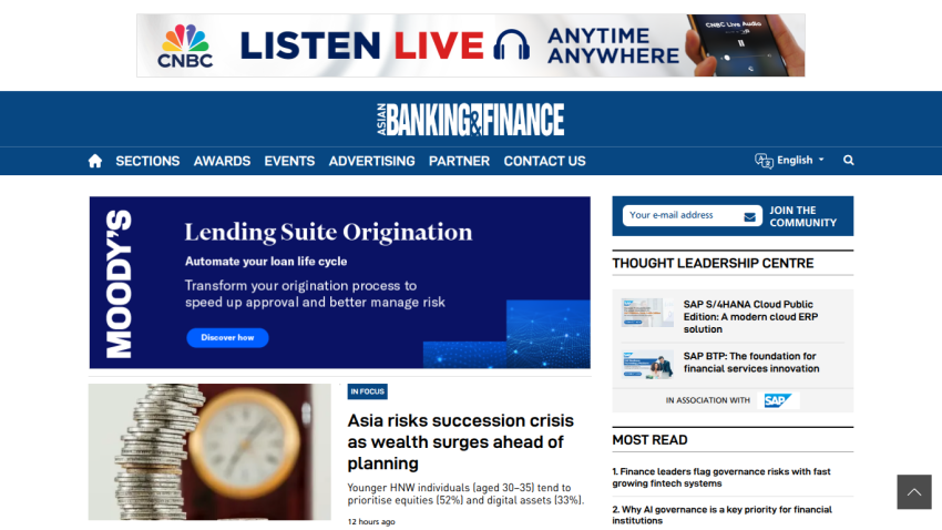 Asian Banking & Finance homepage with Moody's Lending Suite ad, article on Asia's wealth succession crisis, and thought leadership section