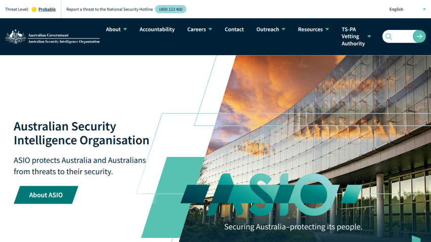 Australian Security Intelligence Organisation homepage with navigation and hero section about protecting Australia and Australians