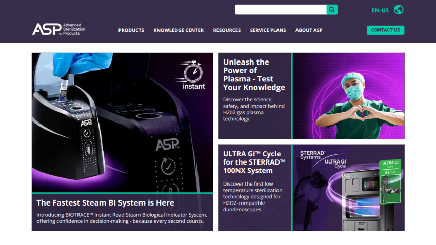 Advanced Sterilization Products homepage featuring steam BI system, plasma technology, and ULTRA GI cycle for STERRAD 100NX system