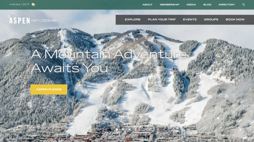 Aspen mountain adventure with navigation links and a call to action for the Aspen pledge