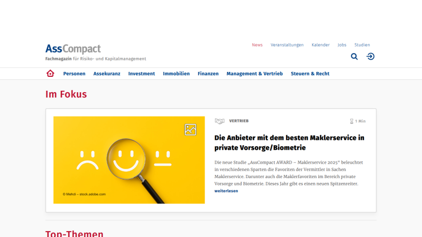 AssCompact magazine homepage featuring an article on top broker services in private pension and biometrics with a magnifying glass on smiley faces