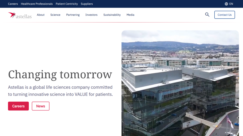 Astellas global life sciences company homepage with tagline 'Changing tomorrow' and buttons for Careers and News.