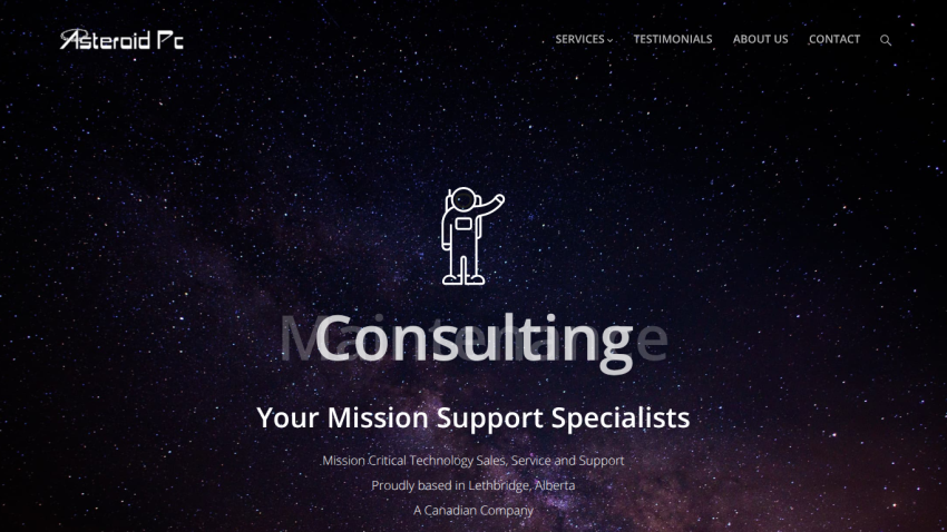 Asteroid PC website with navigation menu and hero section titled Maintenance, highlighting mission support specialists and company location