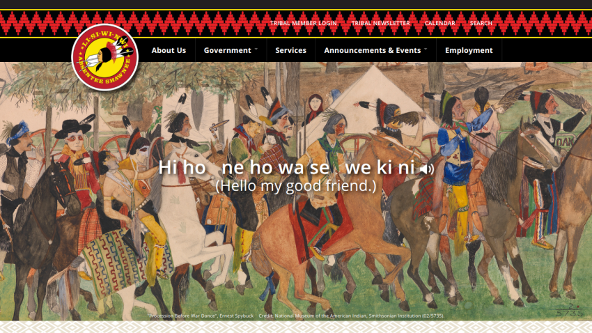 Absentee Shawnee tribal website with navigation and a mural titled 'Procession Before War Dance' greeting visitors