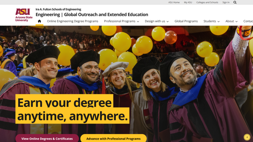 ASU Engineering Online homepage with graduates in caps and gowns celebrating and text promoting earning a degree anytime, anywhere