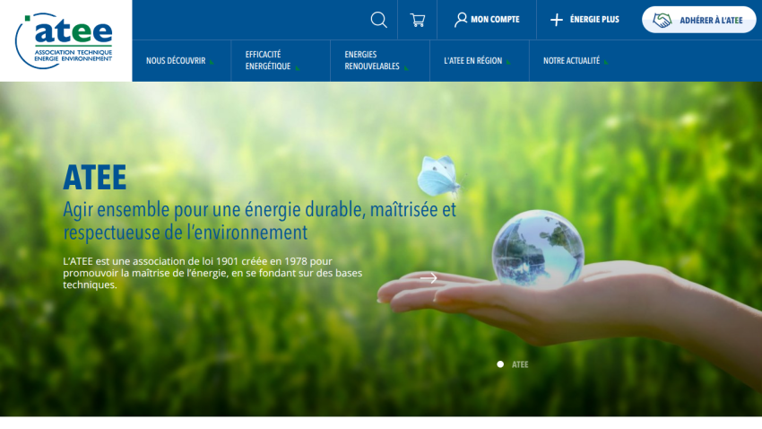ATEE homepage promoting sustainable, controlled, and environmentally respectful energy with a globe in a hand and navigation menu