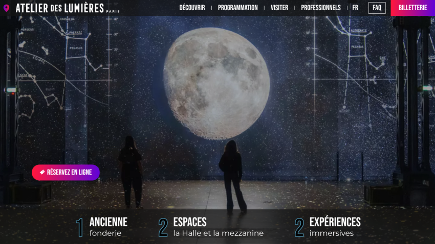 Website header with navigation and a hero image showing a person silhouetted against a large moon and constellation lines