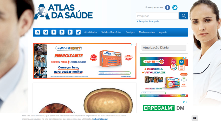 Homepage of Atlas da Saúde featuring health information and a prominent image related to prostate cancer.