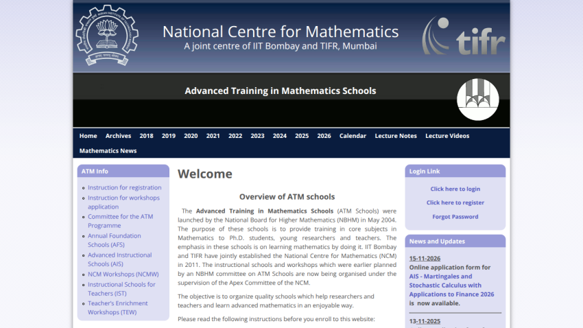 National Centre for Mathematics homepage with navigation, welcome message, and login links for Advanced Training in Mathematics Schools