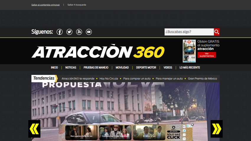 Homepage of Atracción 360 featuring a car and navigation menu.