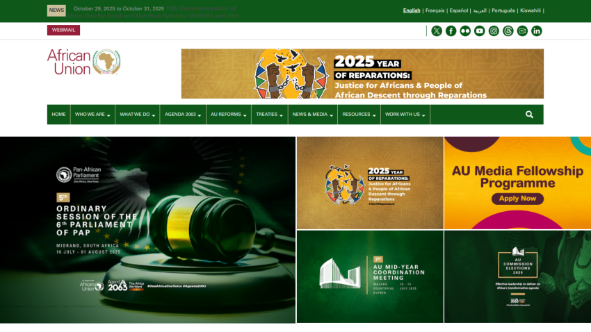 African Union website showcasing various programs and initiatives with a prominent gavel image.