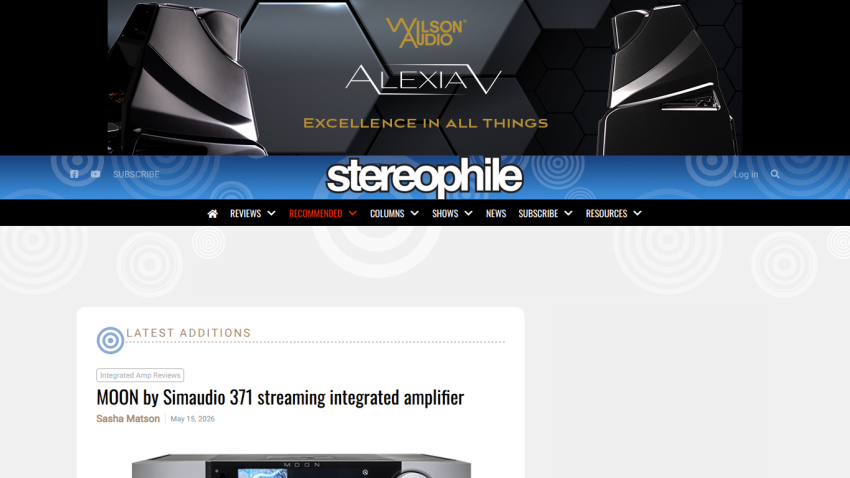 Homepage of Stereophile featuring the latest additions and a product spotlight.