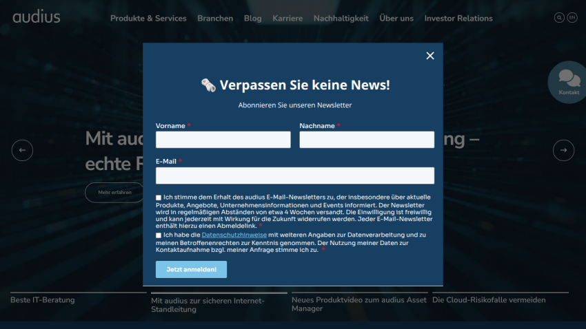 Website hero section with headline about secure internet connections and redundancy, navigation menu in German