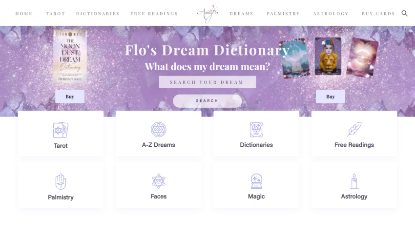 Flo's Dream Dictionary homepage with navigation and search feature.