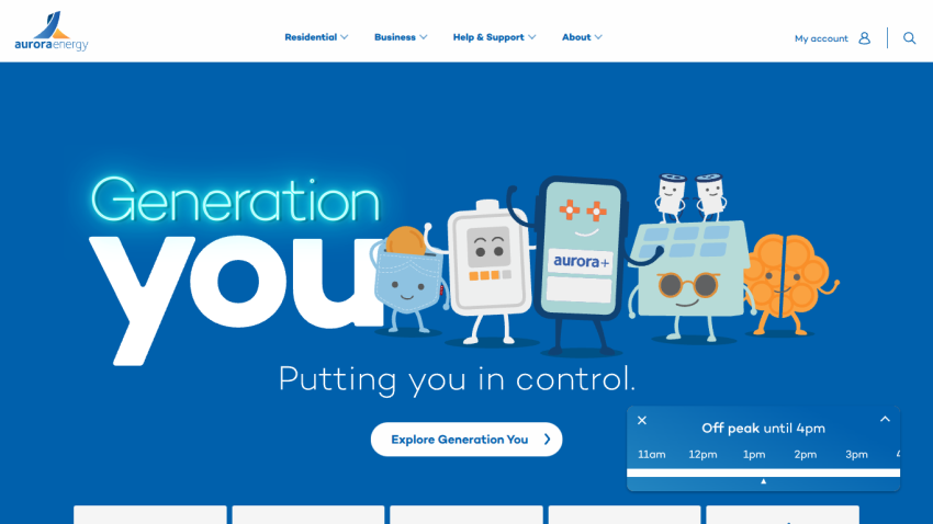 Aurora Energy homepage hero with Generation You campaign and call to action button
