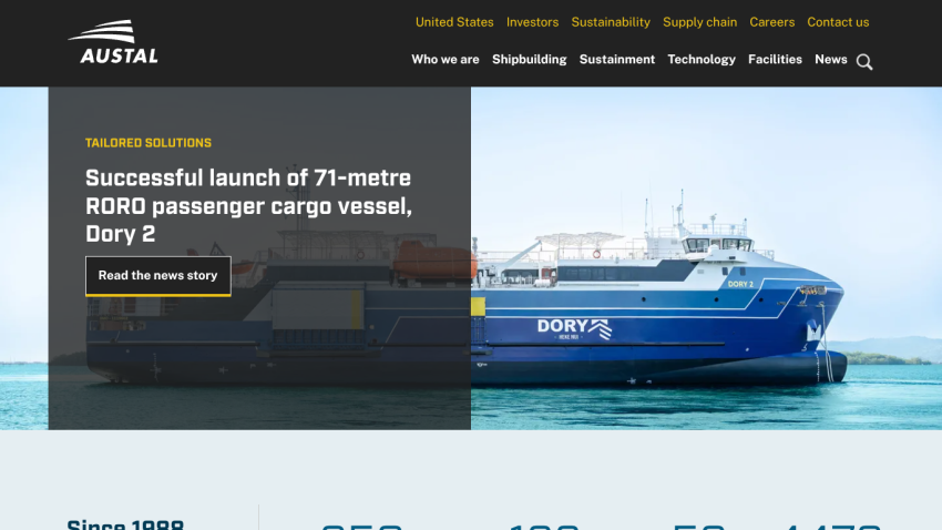 Homepage featuring the launch of RORO passenger vessel Dory 2 with a blue ship in the background.