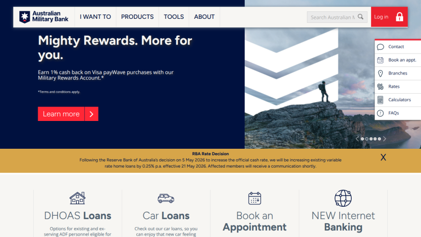 Homepage of Australian Military Bank featuring rewards program and navigation options.