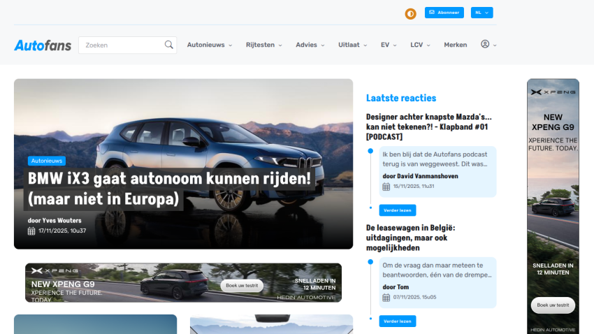 Autofans homepage with BMW iX3 autonomous driving news, latest reactions, and XPENG G9 electric car ads