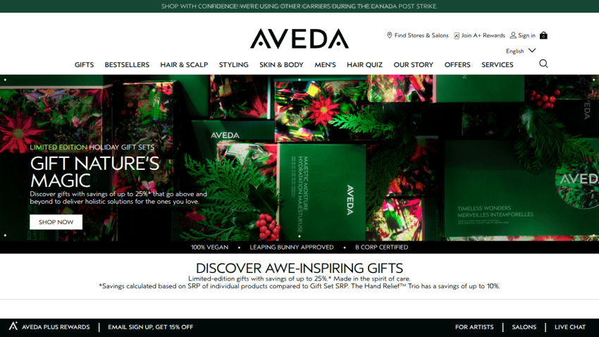 Aveda holiday gift sets promotion with savings up to 25%, navigation menu, and call to action button