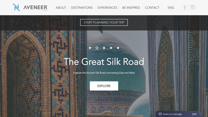Travel website featuring The Great Silk Road with a call to explore and navigation menu