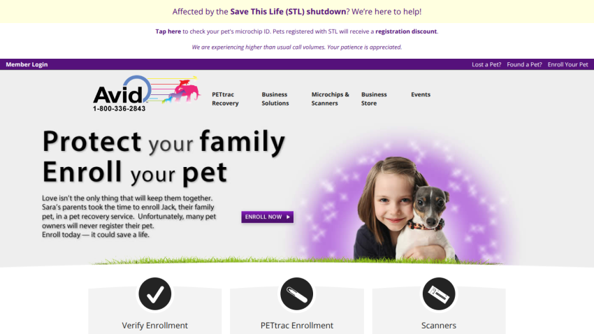Avid Saves program offers free microchips for veterinarians with a puppy image and navigation links
