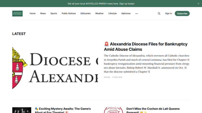Local news site Avoyelles Publishing with headline on Alexandria Diocese bankruptcy amid abuse claims