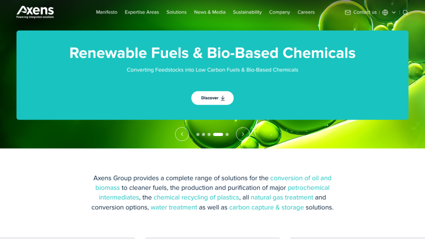 Axens website header and hero section about Carbon Capture, Utilization & Storage with navigation menu and discover button